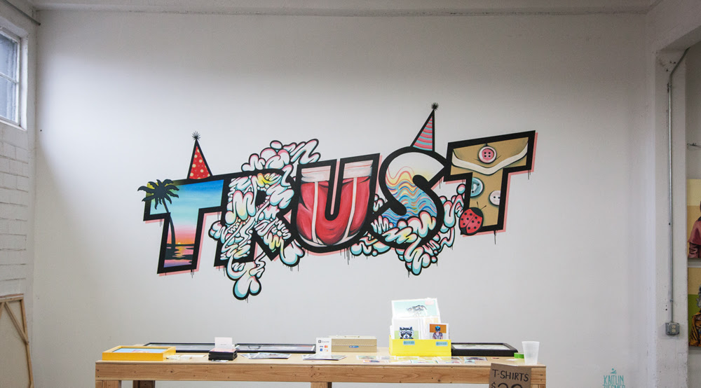 Trust Printshop mural in the warehouse.